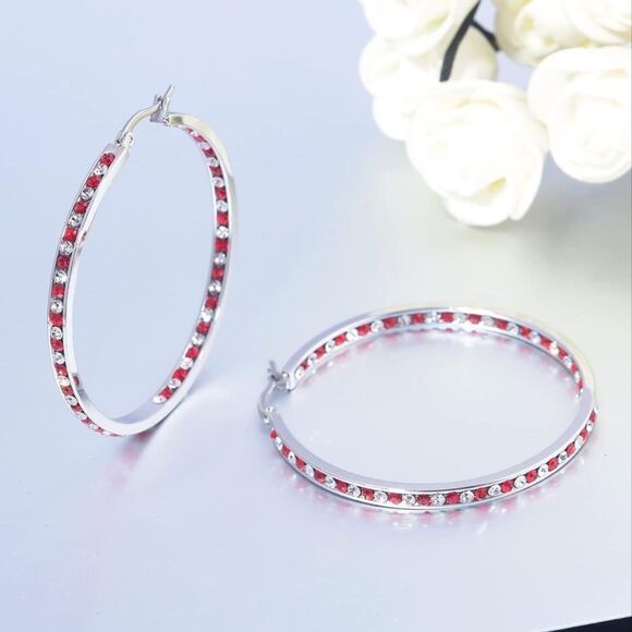 14K White Gold with Ruby Red and White Diamond Cubic Zirconia Big Hoop Earrings - Picture 2 of 5
